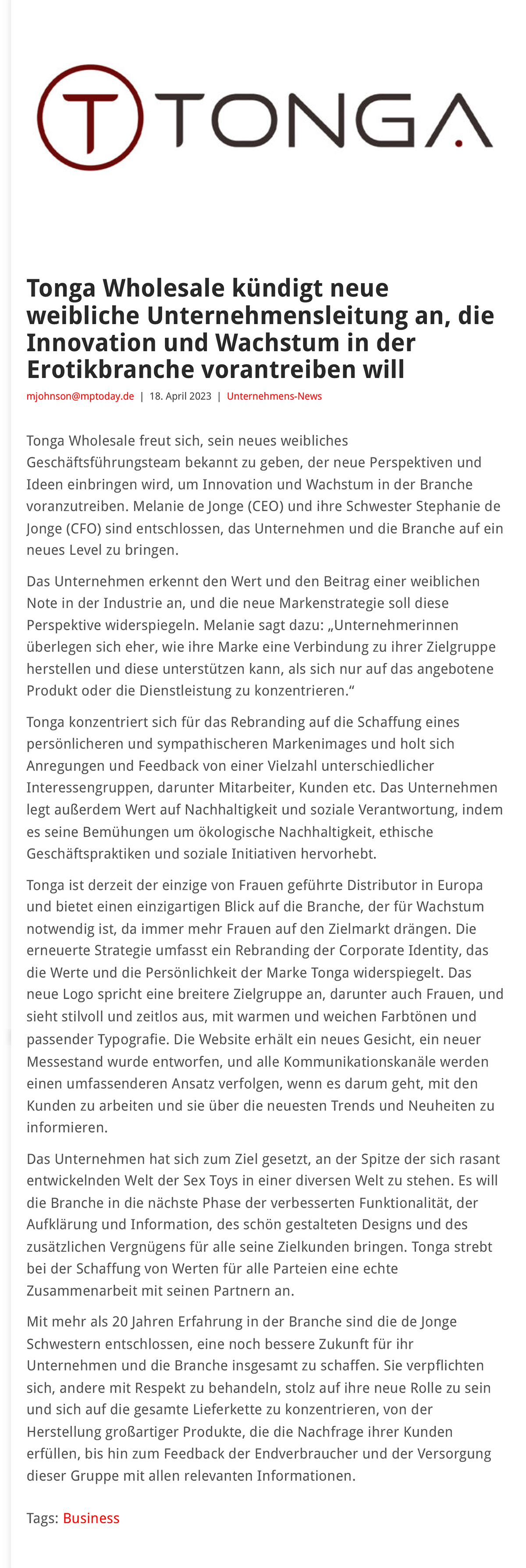 2023-04 eLine Online - Tonga Wholesale kündigt neue weibliche Unternehmensleitung an